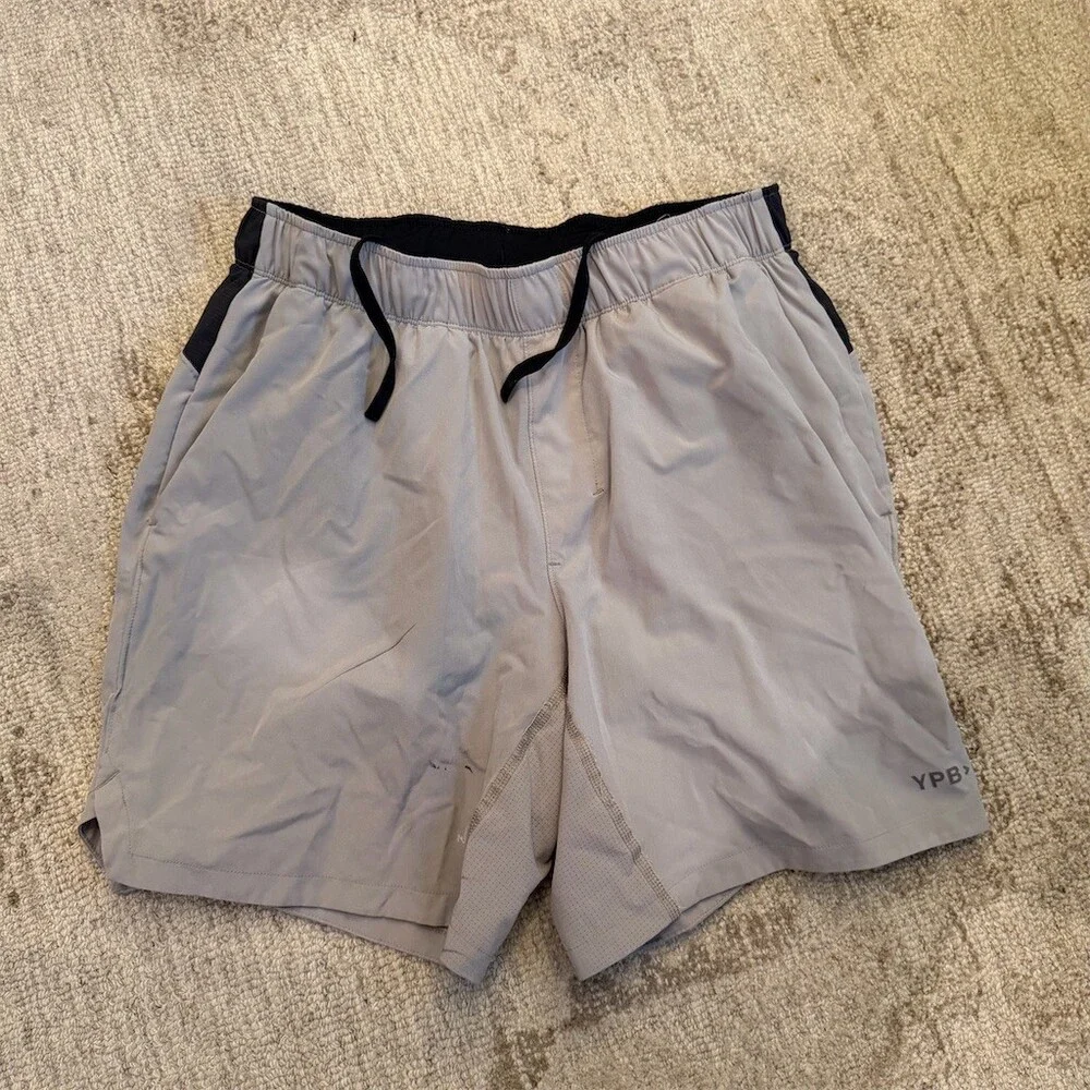 YPB Men's Running Shorts Size M Gray Black Lined Drawstring Pockets Logo